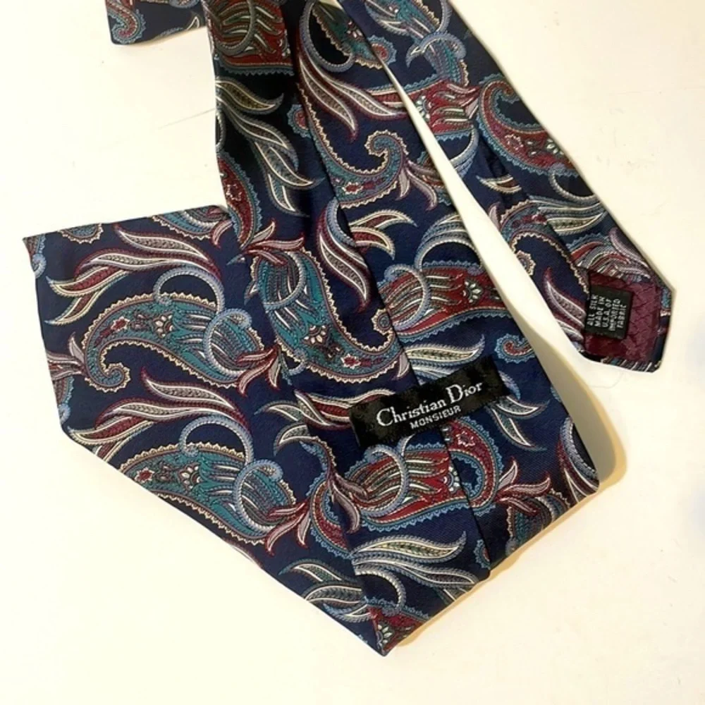 Christian Dior Monsieur Mens Silk Tie Blue Paisley Print Vintage Tie